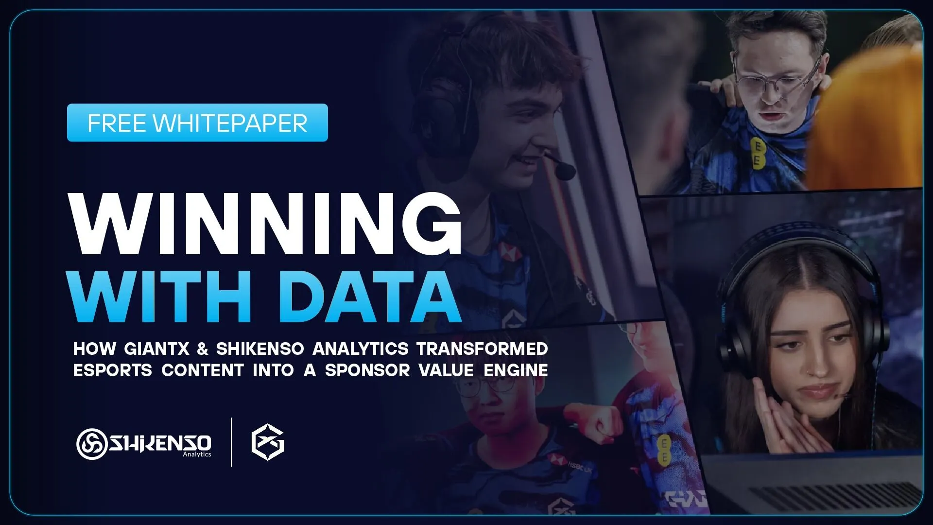 Promotional cover for a whitepaper titled 'Winning with Data' by GIANTX and Shikenso Analytics featuring their logos