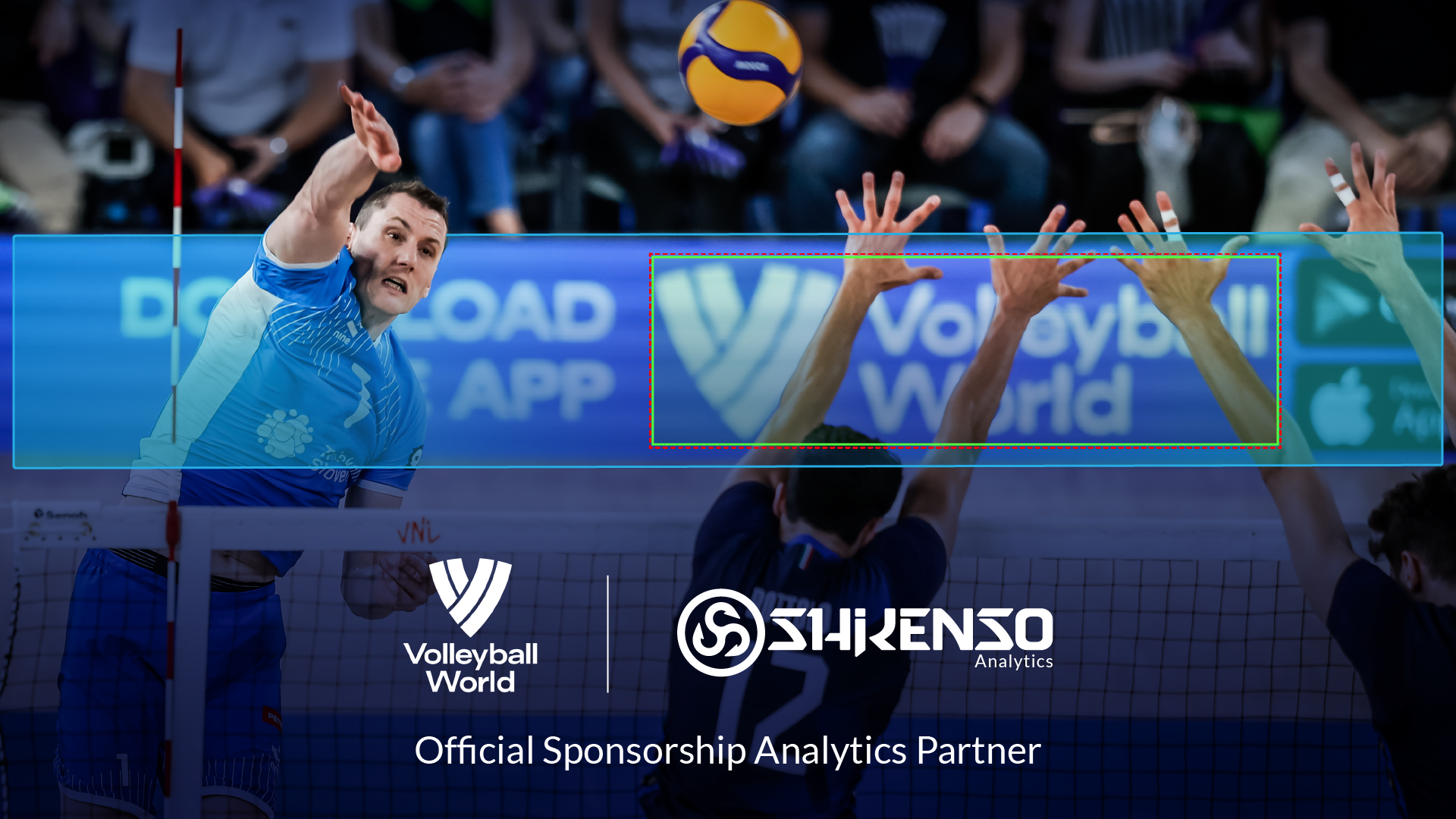 Indoor volleyball spike action with visible sponsor boards and Volleyball World and Shikenso partnership logos at the bottom.