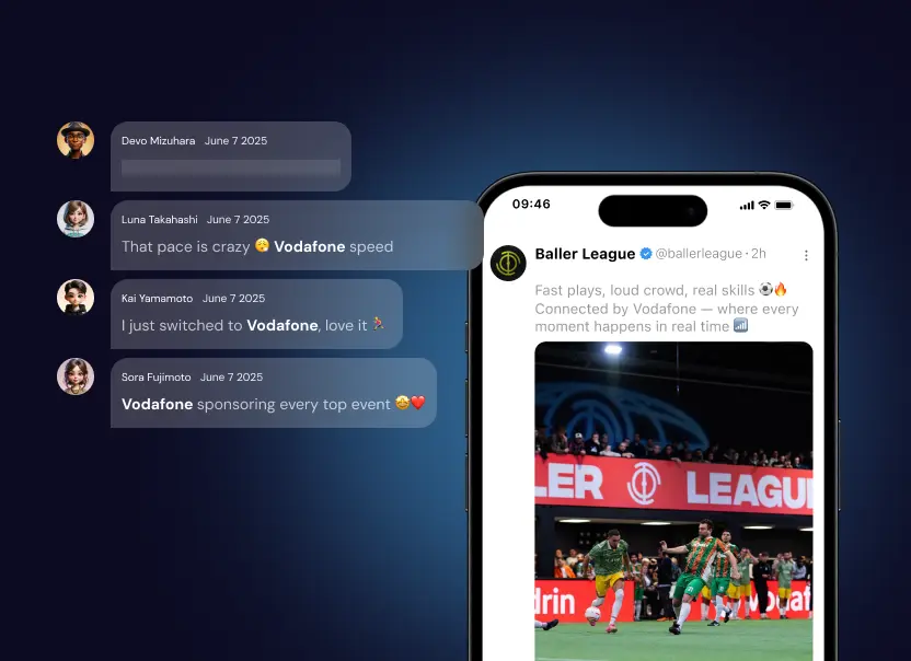 Baller League social post about Vodafone with audience comments that mention the sponsor