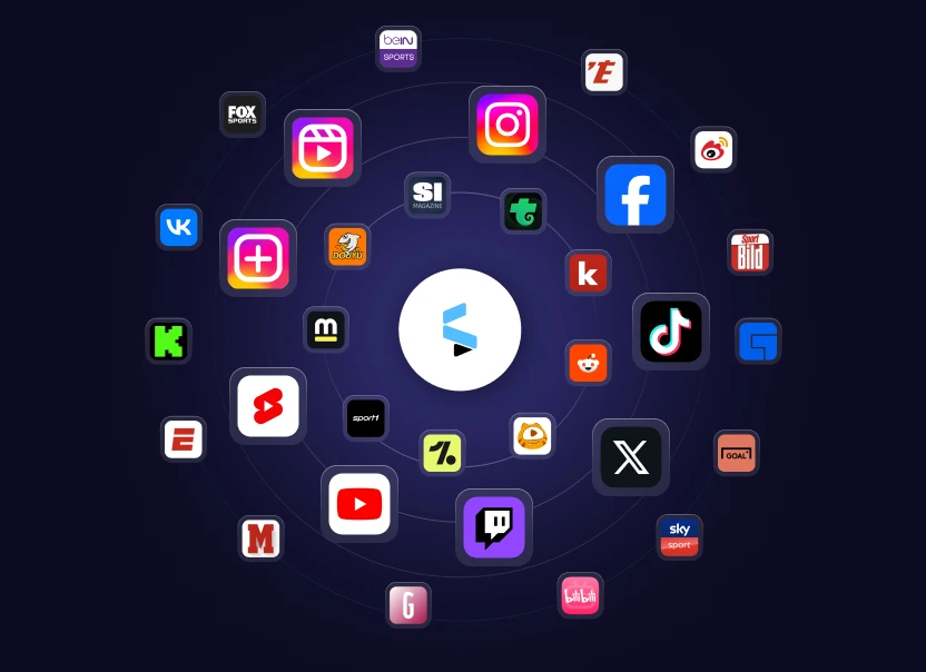 Shikenso logo surrounded by the social, streaming and sports media platforms it tracks