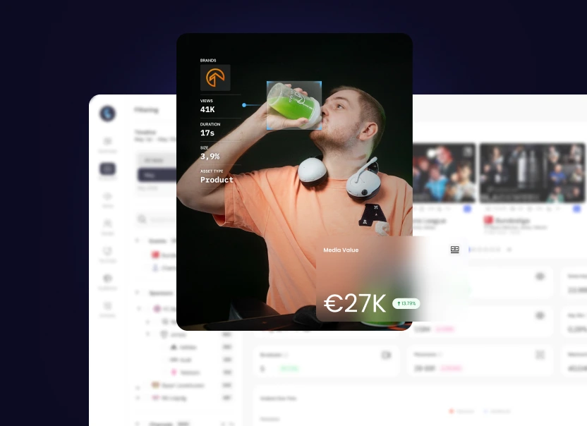 Branded drink bottle detected as a product placement in a stream, with views, duration and a €27K media value card