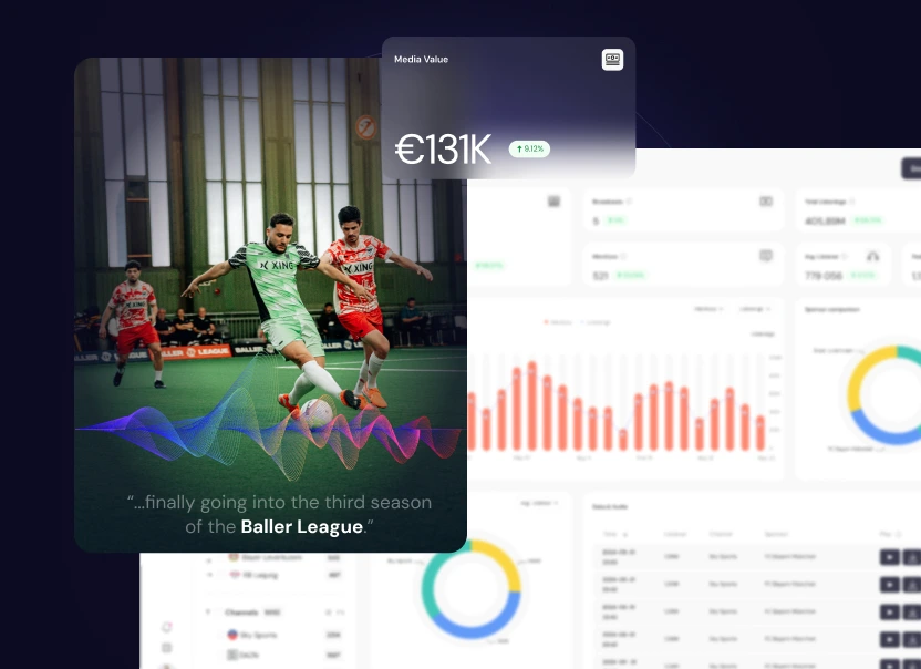 Baller League match with an audio waveform and transcript mention over a Shikenso dashboard with mentions charts
