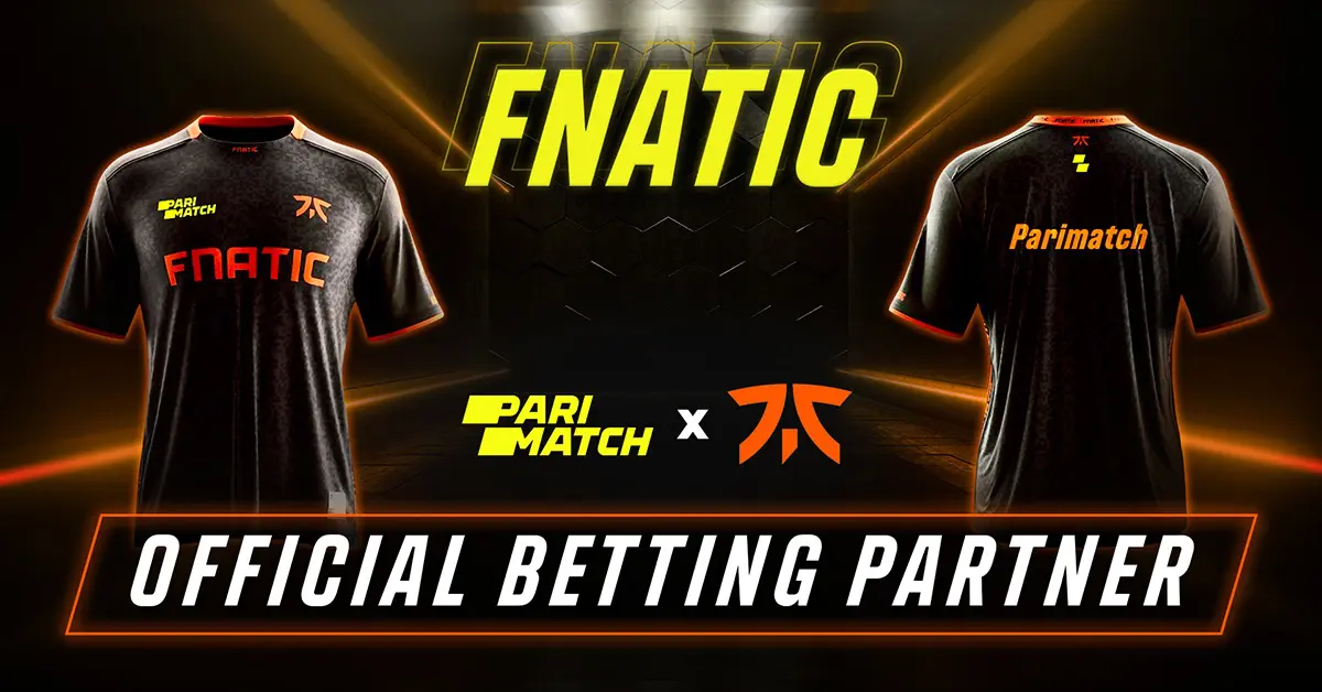Two Fnatic jerseys displayed front and back featuring the Parimatch logo, highlighting the official betting partnership between Parimatch and Fnatic.