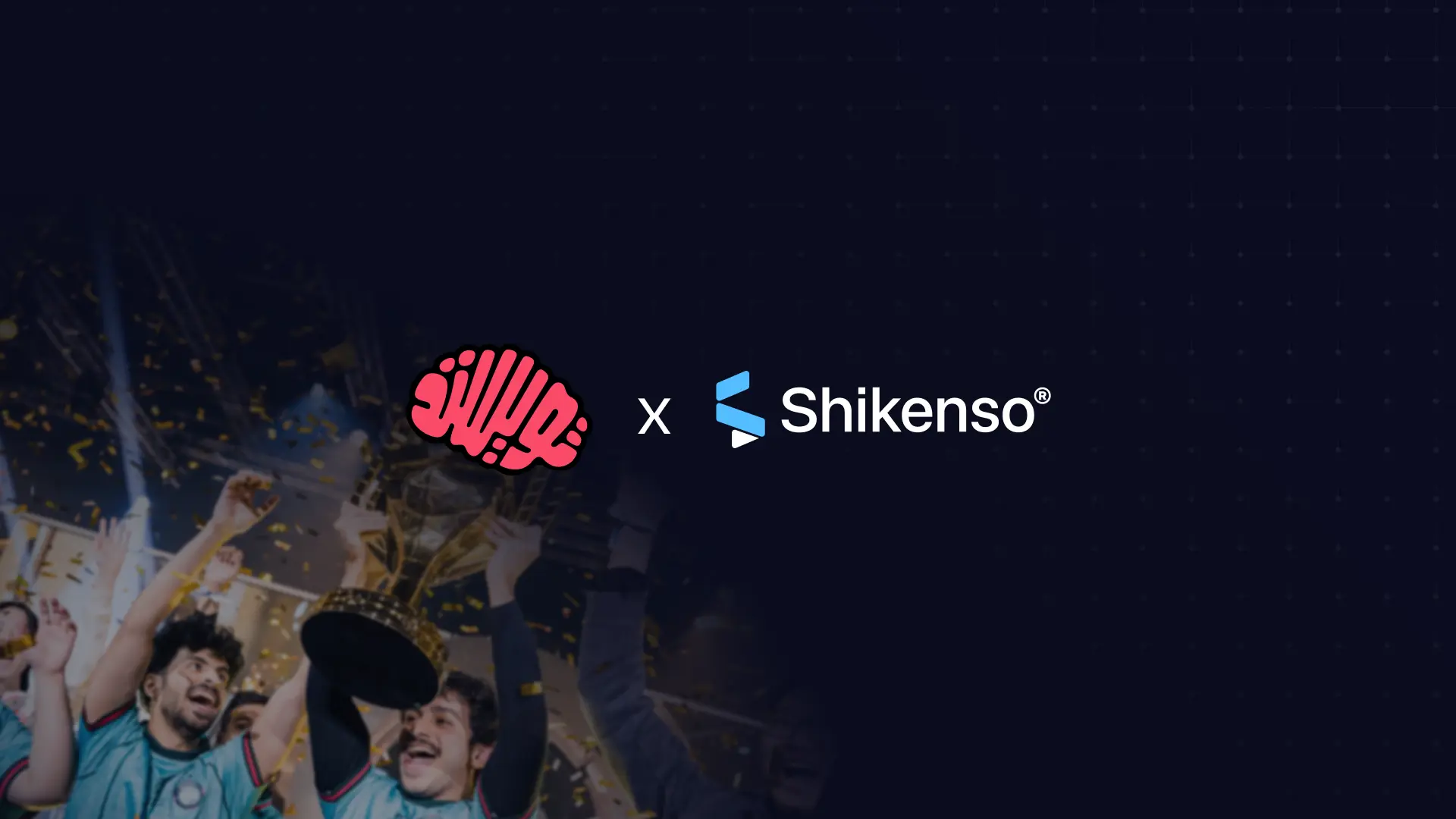 Twisted Minds x Shikenso partnership announcement graphic, featuring both company logos over a background image of Twisted Minds players celebrating with a championship trophy.
