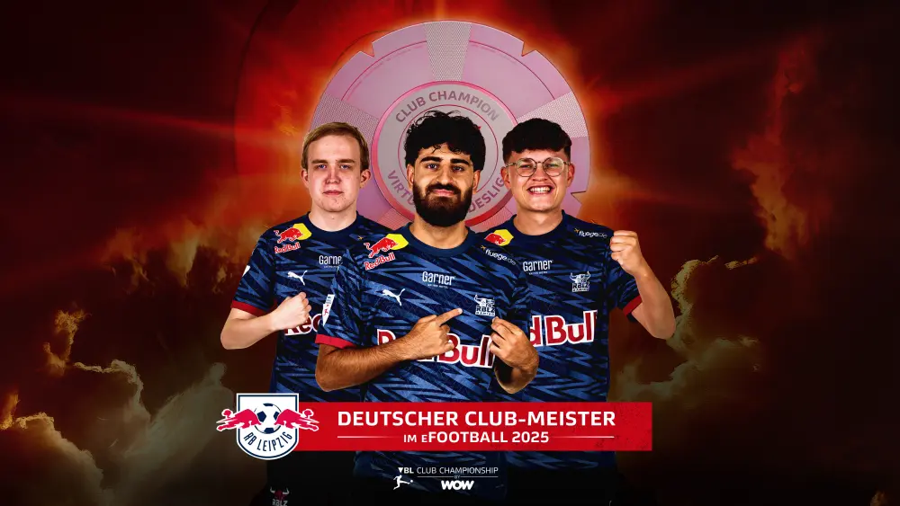 RB Leipzig esports players celebrating their eFootball Club Championship 2025 victory, highlighting the rise of Bundesliga clubs in competitive gaming and digital football leagues.