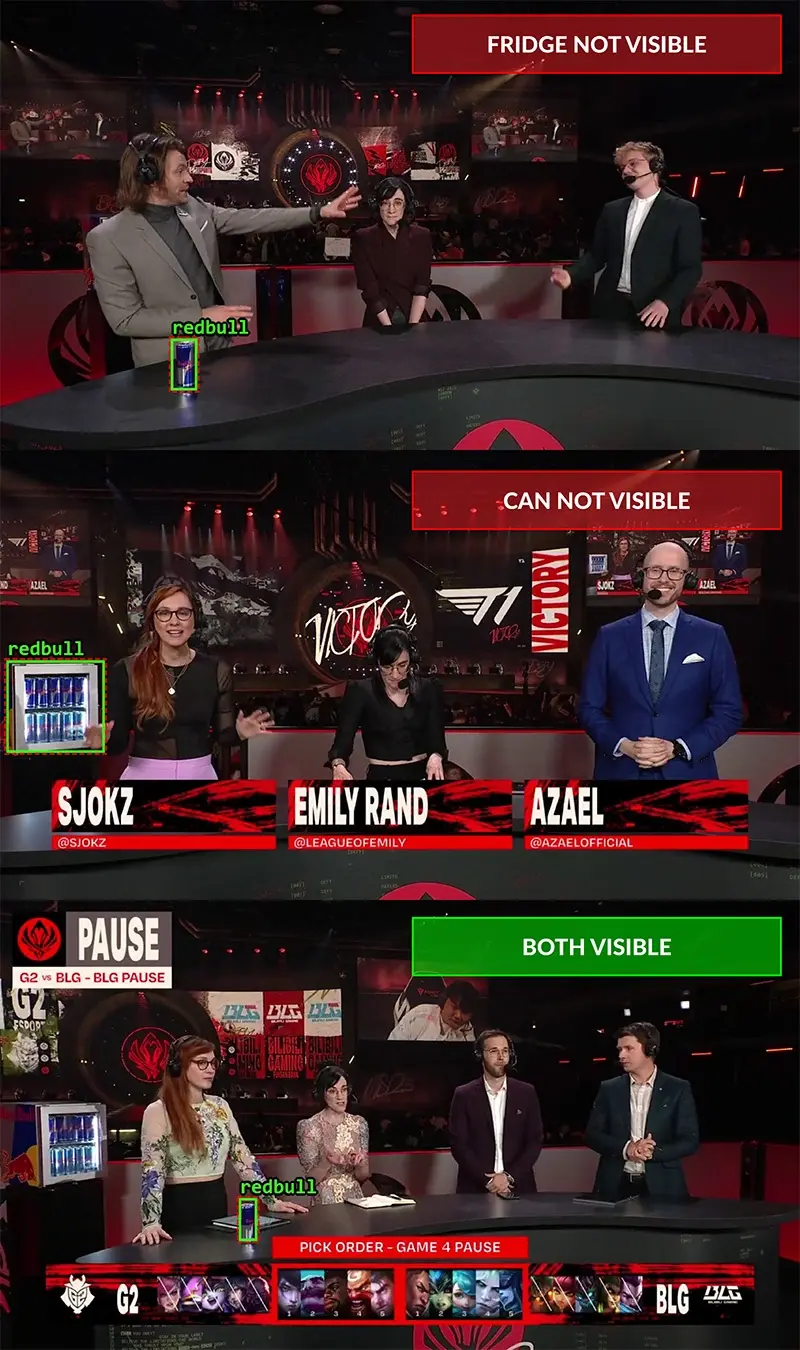 Three MSI 2023 desk shots comparing Red Bull fridge and can visibility: fridge hidden, can hidden, both visible