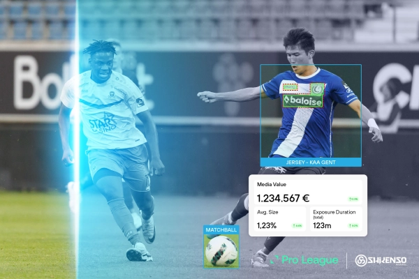 Two football players competing in a Pro League match, with Shikenso overlay showcasing sponsorship media value metrics such as exposure duration and brand visibility.